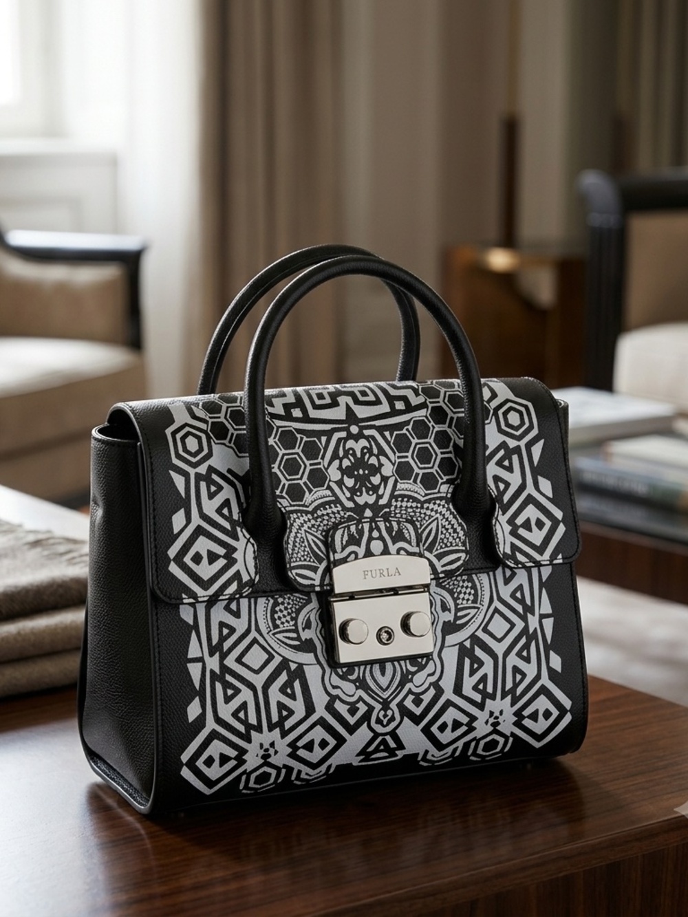 New Furla Metropolis Black/Gray Printed Leather Small Satchel/Shoulder Bag